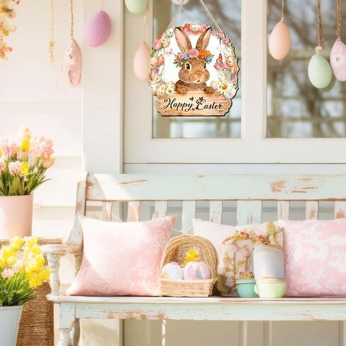 Pigort Wooden Easter Decoration Door Wreath for Front Door Sign Wall Signs Rabbit Spring Decoration, Hollow Bunny Sign Flower Egg Welcome Hanging for Home Wall Decor Party Outdoor indoor in Saudi Arabia