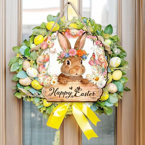 Pigort Wooden Easter Decoration Door Wreath for Front Door Sign Wall Signs Rabbit Spring Decoration, Hollow Bunny Sign Flower Egg Welcome Hanging for Home Wall Decor Party Outdoor indoor in Saudi Arabia
