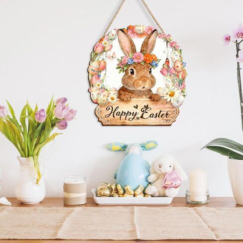 Pigort Wooden Easter Decoration Door Wreath for Front Door Sign Wall Signs Rabbit Spring Decoration, Hollow Bunny Sign Flower Egg Welcome Hanging for Home Wall Decor Party Outdoor indoor in Saudi Arabia