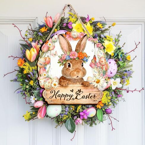 Pigort Wooden Easter Decoration Door Wreath for Front Door Sign Wall Signs Rabbit Spring Decoration, Hollow Bunny Sign Flower Egg Welcome Hanging for Home Wall Decor Party Outdoor indoor in Saudi Arabia