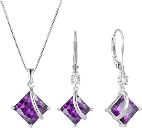 Square Princess Cut Necklace and Earrings Set 925 Sterling Silver Solitaire Amethyst Jewelry Set for Women February Birthstone Jewelry Gifts for Her in Saudi Arabia
