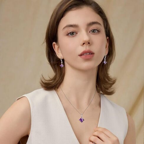 Square Princess Cut Necklace and Earrings Set 925 Sterling Silver Solitaire Amethyst Jewelry Set for Women February Birthstone Jewelry Gifts for Her in Saudi Arabia