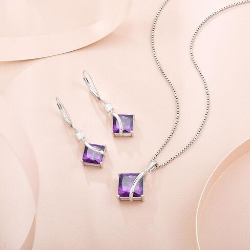 Square Princess Cut Necklace and Earrings Set 925 Sterling Silver Solitaire Amethyst Jewelry Set for Women February Birthstone Jewelry Gifts for Her in Saudi Arabia