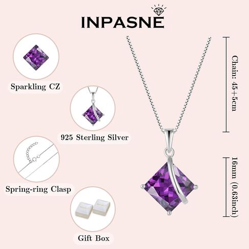 Square Princess Cut Necklace and Earrings Set 925 Sterling Silver Solitaire Amethyst Jewelry Set for Women February Birthstone Jewelry Gifts for Her in Saudi Arabia