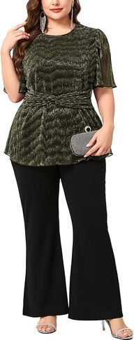 Plus Size Sparkly Evening Party Pant Suits, Metallic Short Sleeve Top & Flare Pants 2 Piece Set Cocktail Outfits in Kuwait