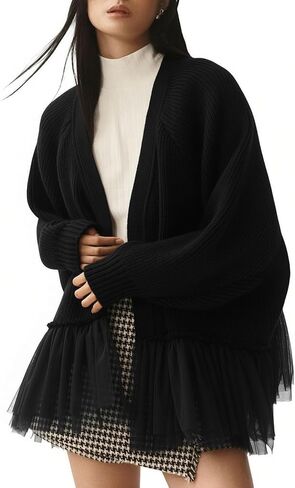 Women's Ruffled Tulle Knit Cardigan Sweaters Asymmetric Peplum Patchwork Open Front Sweater Fall Casual Outwear in Saudi Arabia