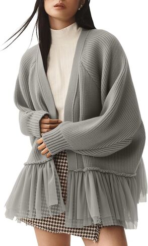 Women's Ruffled Tulle Knit Cardigan Sweaters Asymmetric Peplum Patchwork Open Front Sweater Fall Casual Outwear in Saudi Arabia