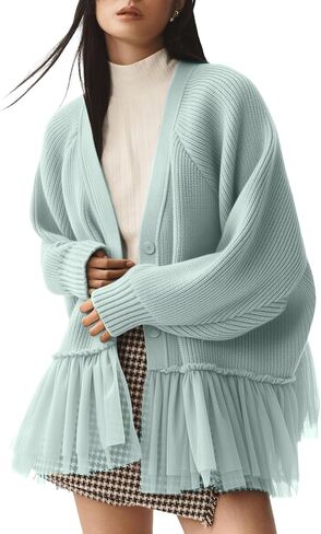 Women's Ruffled Tulle Knit Cardigan Sweaters Asymmetric Peplum Patchwork Open Front Sweater Fall Casual Outwear in Saudi Arabia