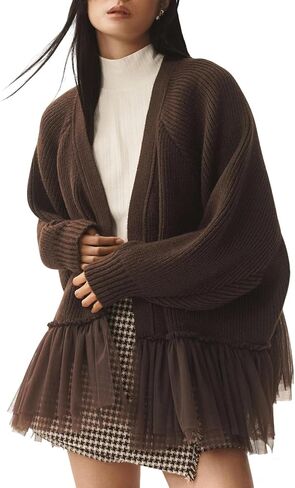 Women's Ruffled Tulle Knit Cardigan Sweaters Asymmetric Peplum Patchwork Open Front Sweater Fall Casual Outwear in Saudi Arabia