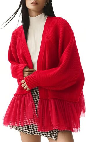 Women's Ruffled Tulle Knit Cardigan Sweaters Asymmetric Peplum Patchwork Open Front Sweater Fall Casual Outwear in Saudi Arabia