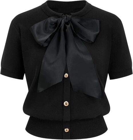 Yeokou Women's Satin Bow Short Sleeve Knit Cardigan Metal Button Crew Neck Casual Sweater Top for Office Casual Daily in Saudi Arabia