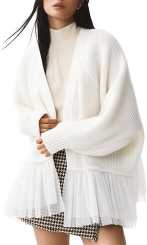 Women's Ruffled Tulle Knit Cardigan Sweaters Asymmetric Peplum Patchwork Open Front Sweater Fall Casual Outwear in Saudi Arabia