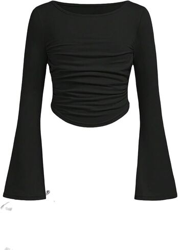 Girl's Long Bell Sleeve Shirt Fall Ruched Slim Fit Solid Tees Casual Basic Corp Tops Blouse Kid Going Out Tops 8-12Y in Kuwait