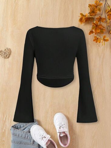 Girl's Long Bell Sleeve Shirt Fall Ruched Slim Fit Solid Tees Casual Basic Corp Tops Blouse Kid Going Out Tops 8-12Y in Kuwait