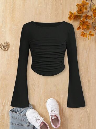 Girl's Long Bell Sleeve Shirt Fall Ruched Slim Fit Solid Tees Casual Basic Corp Tops Blouse Kid Going Out Tops 8-12Y in Kuwait