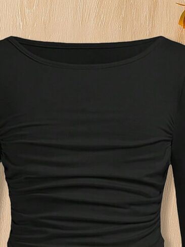 Girl's Long Bell Sleeve Shirt Fall Ruched Slim Fit Solid Tees Casual Basic Corp Tops Blouse Kid Going Out Tops 8-12Y in Kuwait