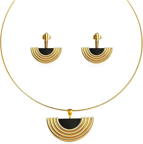Gold Jewelry Set for Women, Dainty 18K Gold Plated Fan/Flower/OT Choker Necklace and Drop Earrings, Trendy Earrings and Necklace Set Jewelry Gift for Women in Saudi Arabia