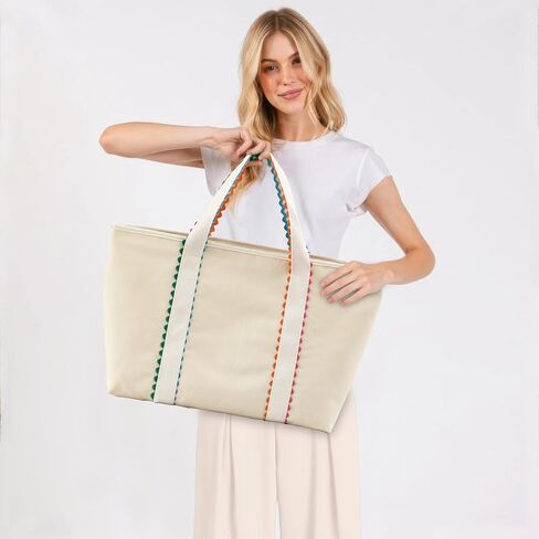 حقيبة يد من القماش للنساء، حقيبة يد مزخرفة بحامل قوس قزح ريك، حقيبة كتف كبيرة مع جيب، مثالية للاستخدام اليومي والشاطئ والعمل والسفر in Kuwait