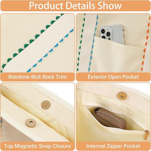 حقيبة يد من القماش للنساء، حقيبة يد مزخرفة بحامل قوس قزح ريك، حقيبة كتف كبيرة مع جيب، مثالية للاستخدام اليومي والشاطئ والعمل والسفر in Kuwait