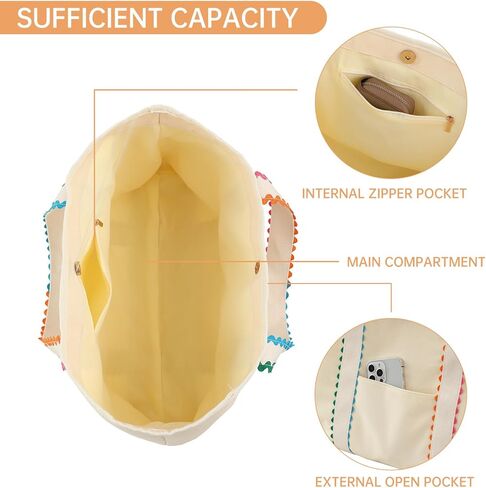 حقيبة يد من القماش للنساء، حقيبة يد مزخرفة بحامل قوس قزح ريك، حقيبة كتف كبيرة مع جيب، مثالية للاستخدام اليومي والشاطئ والعمل والسفر in Kuwait