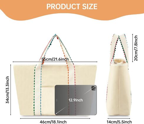 حقيبة يد من القماش للنساء، حقيبة يد مزخرفة بحامل قوس قزح ريك، حقيبة كتف كبيرة مع جيب، مثالية للاستخدام اليومي والشاطئ والعمل والسفر in Kuwait