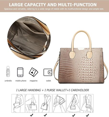 KingTo Women's Bag 3 Pcs Set Luxury Crocodile Pattern Tote Handbag Vegan Leather Wallet Card Top Handle Satchel Purse Set in Saudi Arabia