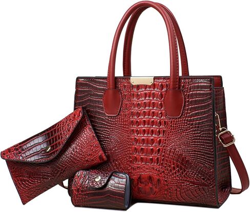 KingTo Women's Bag 3 Pcs Set Luxury Crocodile Pattern Tote Handbag Vegan Leather Wallet Card Top Handle Satchel Purse Set in Saudi Arabia