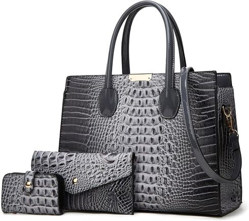 KingTo Women's Bag 3 Pcs Set Luxury Crocodile Pattern Tote Handbag Vegan Leather Wallet Card Top Handle Satchel Purse Set in Saudi Arabia