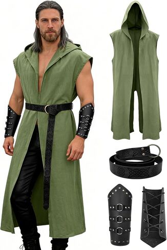 مجموعة أزياء عصر النهضة الرجالية من Verceco - زي القرون الوسطى/عصر النهضة للرجال مع معطف بغطاء للرأس وحزام جلدي ودعامات in Kuwait