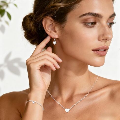 مجموعة مجوهرات فضية للنساء قلادة على شكل قلب صغير قلادات قلادة من الفضة الإسترليني عيار 925 على شكل قلب الحب تتدلى على شكل قطرة رافعة خلفية أقراط لطيفة قابلة للتكديس هدايا مجوهرات عيد الحب in Kuwait