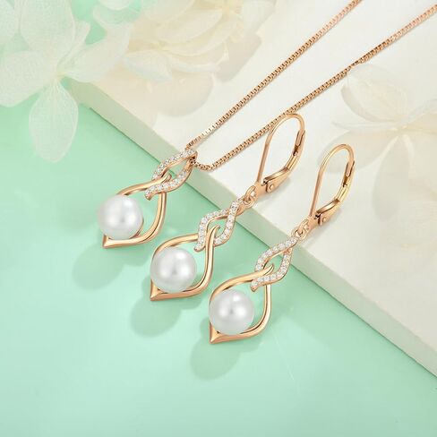 STARCHENIE 925 Sterling Silver Infinity Pearl Earrings & Necklace Rose Gold Plated Jewelry Set Gift for Women in Saudi Arabia