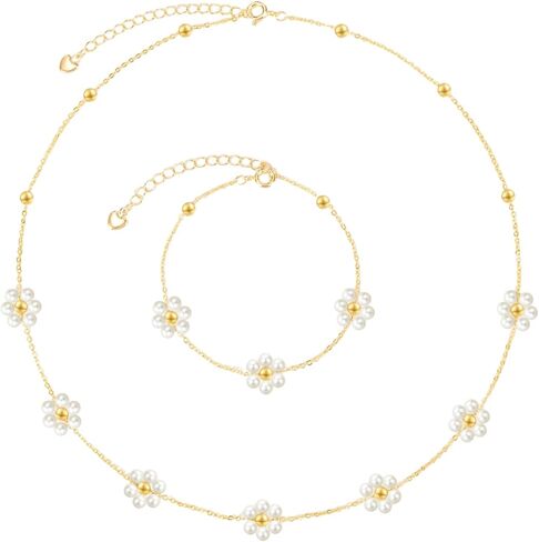 2 Piece Lucky Daisy Pearl Necklace Bracelet Set for Women–18K Gold Plated Dainty Jewelry Set, Daisy Birthday Gifts for Her Wedding Bridesmaid Anniversary Graduation Mother's Day Gift in Saudi Arabia