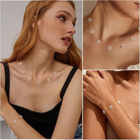 2 Piece Lucky Daisy Pearl Necklace Bracelet Set for Women–18K Gold Plated Dainty Jewelry Set, Daisy Birthday Gifts for Her Wedding Bridesmaid Anniversary Graduation Mother's Day Gift in Saudi Arabia