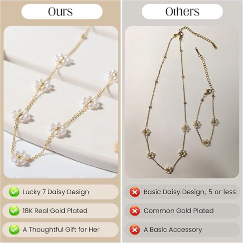 2 Piece Lucky Daisy Pearl Necklace Bracelet Set for Women–18K Gold Plated Dainty Jewelry Set, Daisy Birthday Gifts for Her Wedding Bridesmaid Anniversary Graduation Mother's Day Gift in Saudi Arabia