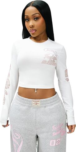 True Religion Women’s Crystal Contrast Stitch Long Sleeve Baby Tee – Rhinestone Logo, Slim Fit, Crew Neck Cotton Blend Top in Saudi Arabia