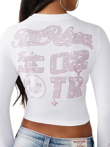 True Religion Women’s Crystal Contrast Stitch Long Sleeve Baby Tee – Rhinestone Logo, Slim Fit, Crew Neck Cotton Blend Top in Saudi Arabia