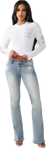 True Religion Women’s Crystal Contrast Stitch Long Sleeve Baby Tee – Rhinestone Logo, Slim Fit, Crew Neck Cotton Blend Top in Saudi Arabia