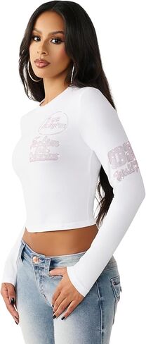 True Religion Women’s Crystal Contrast Stitch Long Sleeve Baby Tee – Rhinestone Logo, Slim Fit, Crew Neck Cotton Blend Top in Saudi Arabia