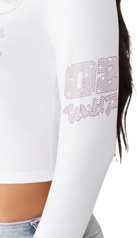 True Religion Women’s Crystal Contrast Stitch Long Sleeve Baby Tee – Rhinestone Logo, Slim Fit, Crew Neck Cotton Blend Top in Saudi Arabia