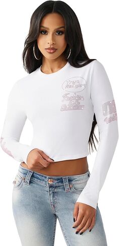 True Religion Women’s Crystal Contrast Stitch Long Sleeve Baby Tee – Rhinestone Logo, Slim Fit, Crew Neck Cotton Blend Top in Saudi Arabia