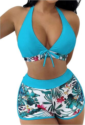 Milumia Women's 2 Piece Tropical Print Bikini Sets Halter High Waisted Boyshort Swimsuits in Saudi Arabia