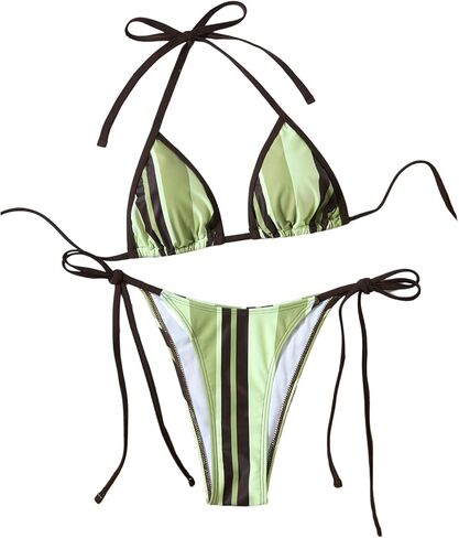 GORGLITTER Women's 2 Piece Swimsuit Color Block Striped Triangle String Thong Bikini Side Tie Cheeky Bathing Suit in Saudi Arabia