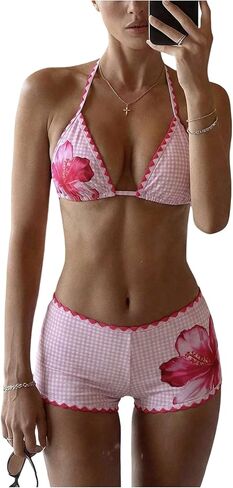 Floerns Women's Floral Bikini Sets Gingham Triangle Halter Tops and Boyshorts Bathing Suit in Saudi Arabia