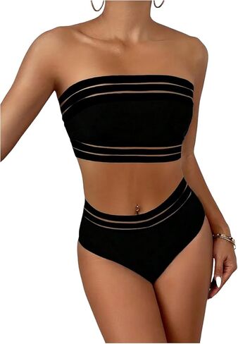 SHENHE Women's Strapless Bikini High Waisted Mesh Bandeau Bikini 2 Piece Swimwear Cheeky Solid Bathing Suits in Saudi Arabia