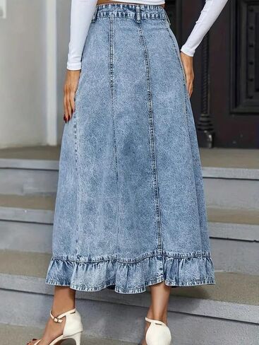 Women's High Waisted Denim Midi Skirt - Button Down Ruffle Hem Jean Skirt with Wash for Casual Summer Wear in Saudi Arabia