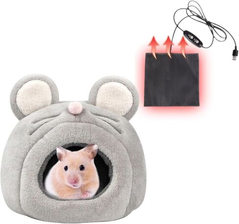Hamster Bed Cave Hideout & Heating Pad USD Adjustable Temperature Warm Winter House Pet Cage Accessories for Small Animals Chinchilla Guinea Pig Hedgehogs (Gray Mouse) in Kuwait