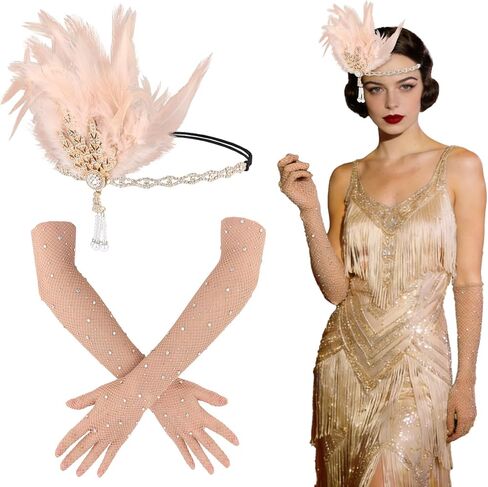 إكسسوارات أزياء العشرينيات من القرن العشرين، إكسسوارات زي غاتسبي العظيم، خوذة من العشرينيات من القرن الماضي مع عصابة رأس من الريش ومجموعة قفازات in Kuwait
