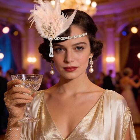 إكسسوارات أزياء العشرينيات من القرن العشرين، إكسسوارات زي غاتسبي العظيم، خوذة من العشرينيات من القرن الماضي مع عصابة رأس من الريش ومجموعة قفازات in Kuwait