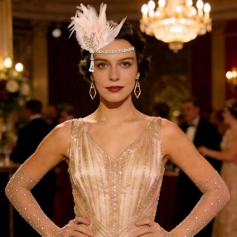 إكسسوارات أزياء العشرينيات من القرن العشرين، إكسسوارات زي غاتسبي العظيم، خوذة من العشرينيات من القرن الماضي مع عصابة رأس من الريش ومجموعة قفازات in Kuwait