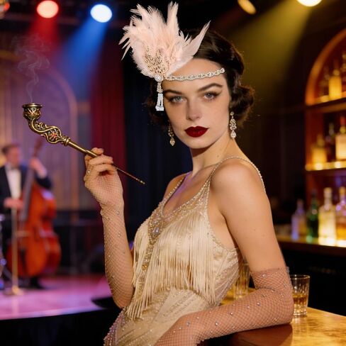 إكسسوارات أزياء العشرينيات من القرن العشرين، إكسسوارات زي غاتسبي العظيم، خوذة من العشرينيات من القرن الماضي مع عصابة رأس من الريش ومجموعة قفازات in Kuwait